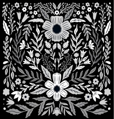Etno halk tek renkli dekoratif çiçek süs. Simetri aynasal kompozisyon. Soyut süsleme çizimi.