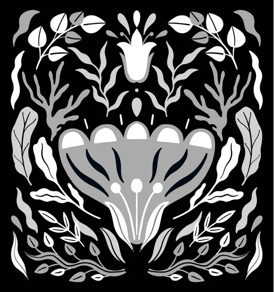 Adorno floral decorativo monocromático étnico popular. Composición especular de simetría. Dibujo ornamento abstracto . — Vector de stock
