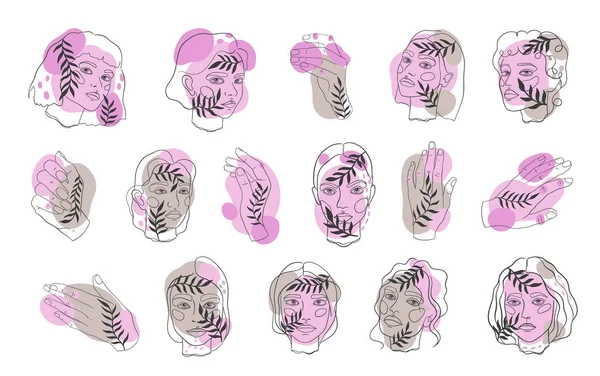 Abstracto minamal face line art. Set de mujeres elegante boceto . — Vector de stock