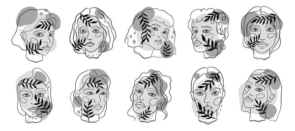 Abstract Minamal Face Line art. Set donne eleganti schizzo . — Vettoriale Stock