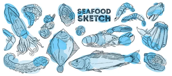 해산물 스케치 세트. 요리를 그리는 일. 모든 요소가 독도 이 다 — 스톡 벡터