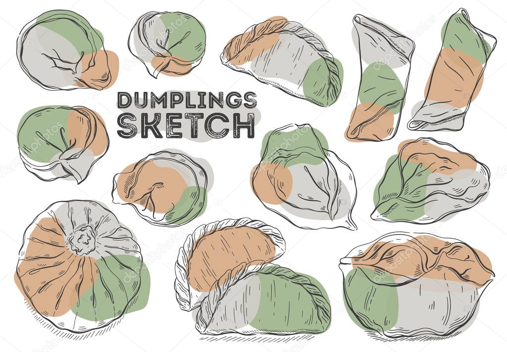Dumplings sketch set. Hand drawing cuisine. All elements are iso