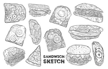 Sandviç skeç seti. El yapımı yemek. Tüm elementler izole edilmiştir.