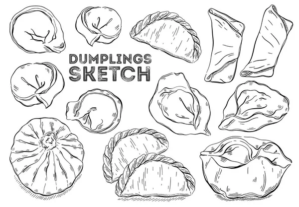 Dumplings schets set. Handtekenen keuken. Alle elementen zijn iso — Stockvector