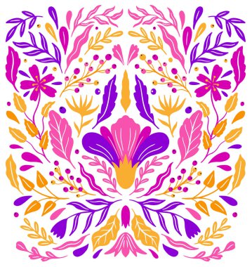 Beyaz arka planda parlak renkli etnik halk çiçeği. Simetri alanı.