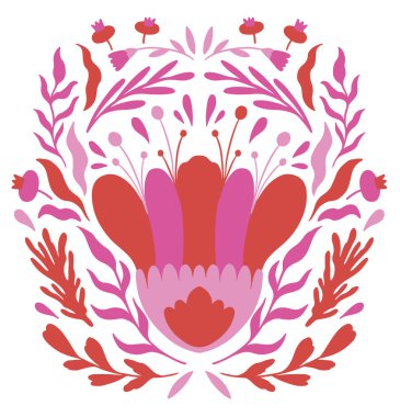 Beyaz arka planda parlak renkli etnik halk çiçeği. Simetri alanı.