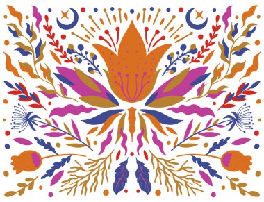 Beyaz arka planda parlak renkli etnik halk çiçeği. Simetri alanı.