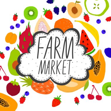 Vejetaryen meyve ve sebze pazarı. Doğal vitamin çiftliği dizaynı. Vektör illüstrasyonu.