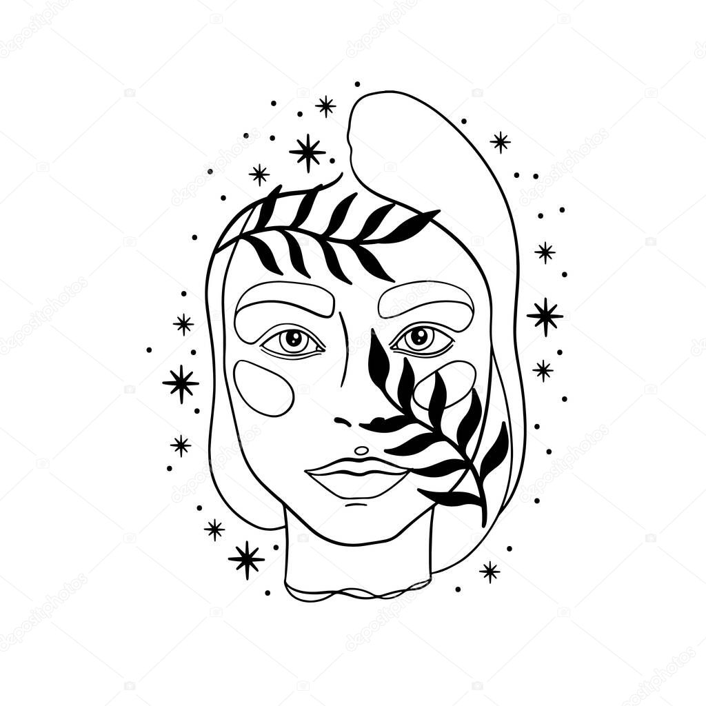 Hand drawn face line art.Elegant women beauty portrait.Vector illustration
