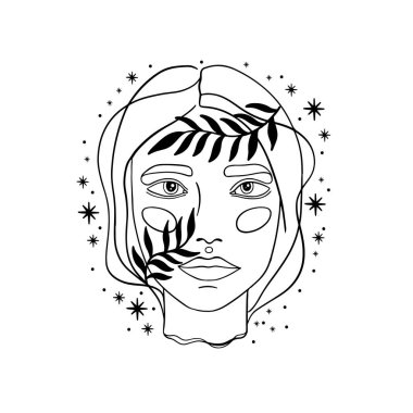 El çizimi yüz çizimi. Zarif kadın güzellik portresi. Vektör illüstrasyonu.