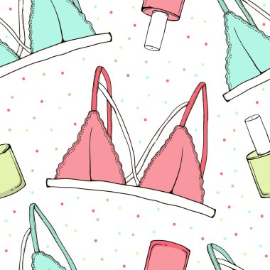 Kusursuz desenli güzellik kozmetik el çizimi. Kadınlar ve kızlar zarif tasarımlar. Vektör illüstrasyonu