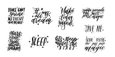 Typography vektör hat duygu sihirli harfler seti. El yazısı tişört tasarımı, kartpostal. Vektör koleksiyonu