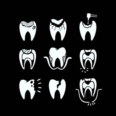  Diş seti ikon diş tedavisi izole koleksiyonu. Vektör illüstrasyonu