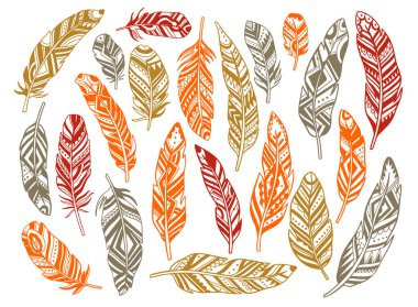 Tüy soyut izole dekorasyonu ayarla. Boho kırsal tarzı. Vektör illüstrasyonu.