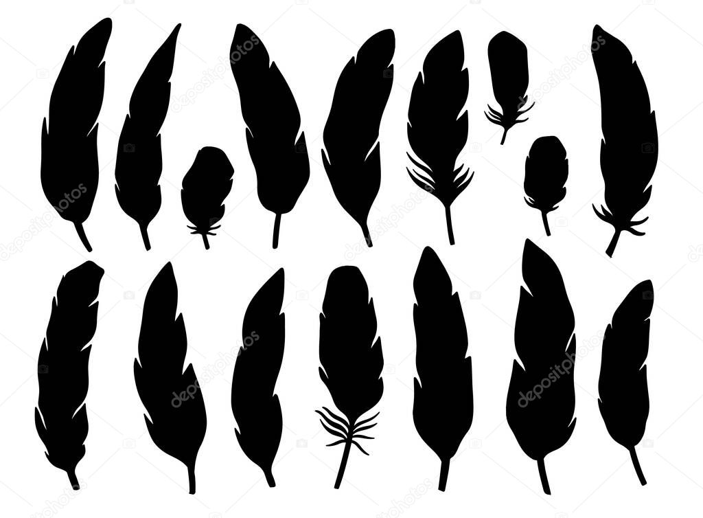 Set feather abstract isolated decoration. Boho rustic style. Vector illustration.