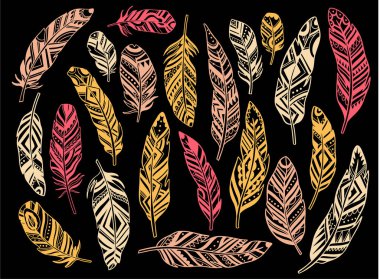 Tüy soyut izole dekorasyonu ayarla. Boho kırsal tarzı. Vektör illüstrasyonu.