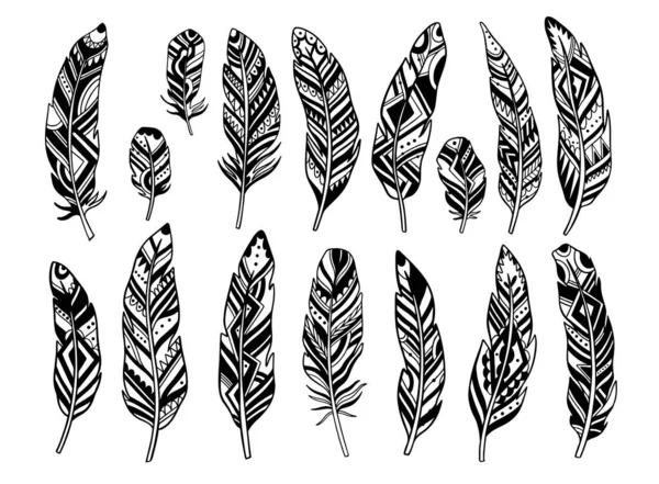 Tüy soyut izole dekorasyonu ayarla. Boho kırsal tarzı. Vektör illüstrasyonu.