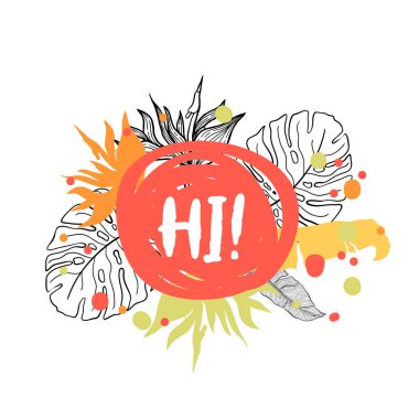 Tropik bitki doğası metni hazırladı. Çizgi çizimi el çizimi seti. Palmiye ağacı çiçeği..