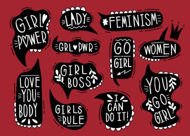 Koleksiyon el çizimi feminizm konuşmasını iletiyor. Tasarım elemanı sloganı: Karalama iş mesajı. Vektör illüstrasyonu.