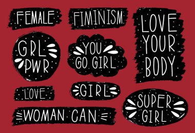 Koleksiyon el çizimi feminizm konuşmasını iletiyor. Tasarım elemanı sloganı: Karalama iş mesajı. Vektör illüstrasyonu.