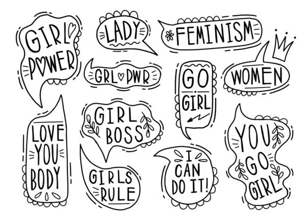 Coleção Mão Desenhada Comunicar Discurso Feminismo Elemento Design Slogan Doodle — Vetor de Stock