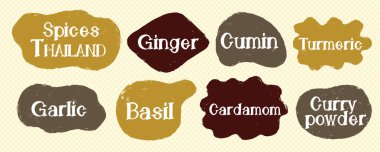 Konuşma metni yazılabilir mutfak baharatı seti. Koleksiyon tasarımı isim tanımlaması. Vektör illüstrasyonu.