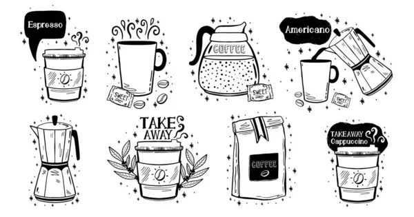 Doodle kahve içeceği eskizi. Arabica aroma tasarım menüsü kafe. Beyaz arkaplanda izole edilmiş siyah element. Vektör illüstrasyonu..