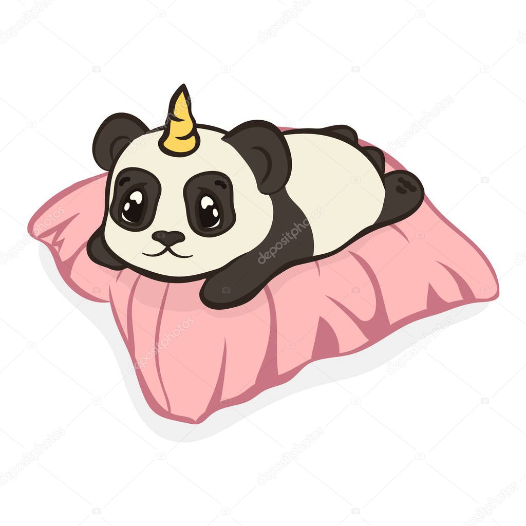 Cute panda bear character with unicorn horn lies on pillow. Panda has a rest. Pandacorn isolated. Panda-unicorn in cartoon style flat design vector illustration. Design of children's stickers or print