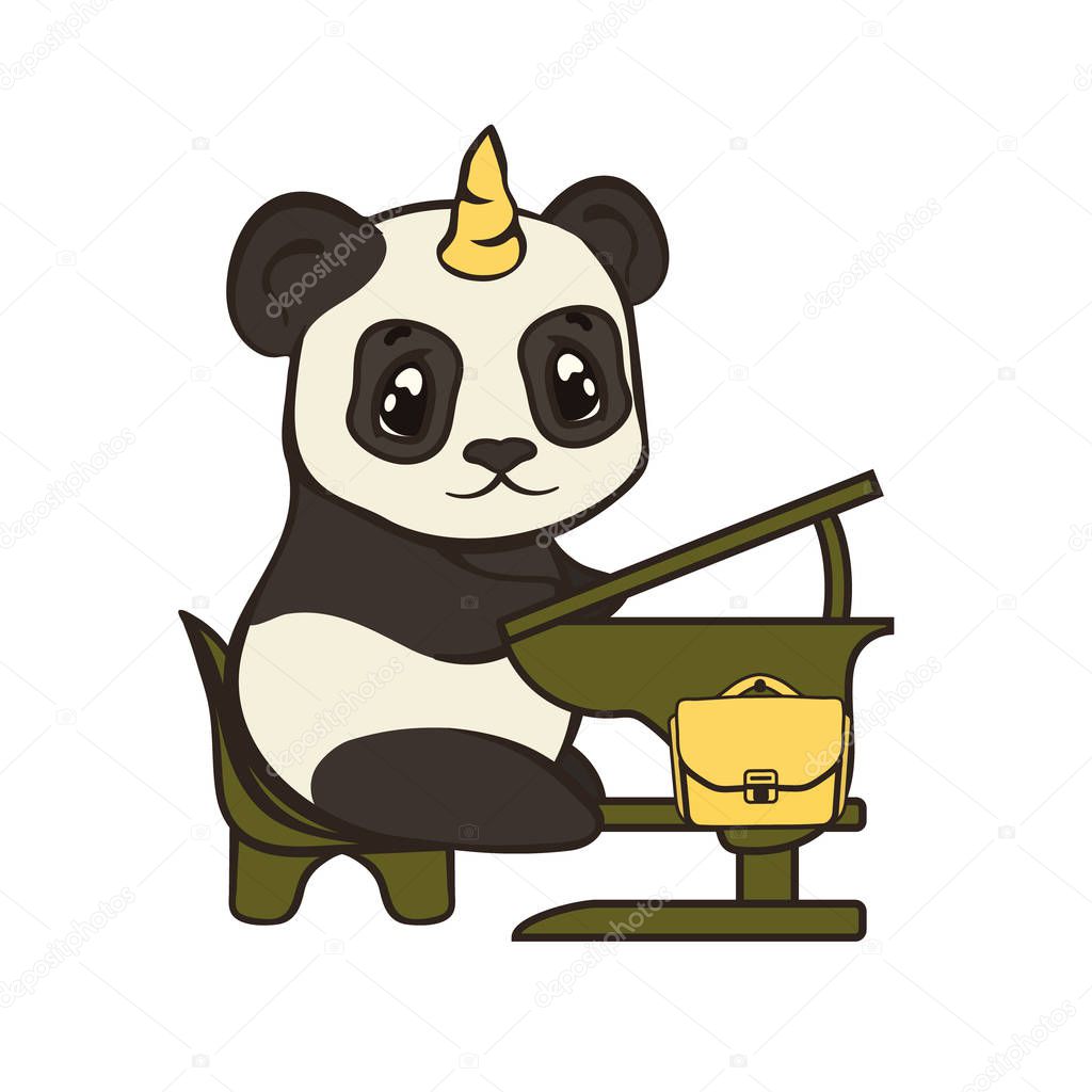 Cute panda bear character with unicorn horn sits at school desk. Back to school vector image. New academic year with panda cartoon design. School year started. Panda at lesson. Pandacorn studies.