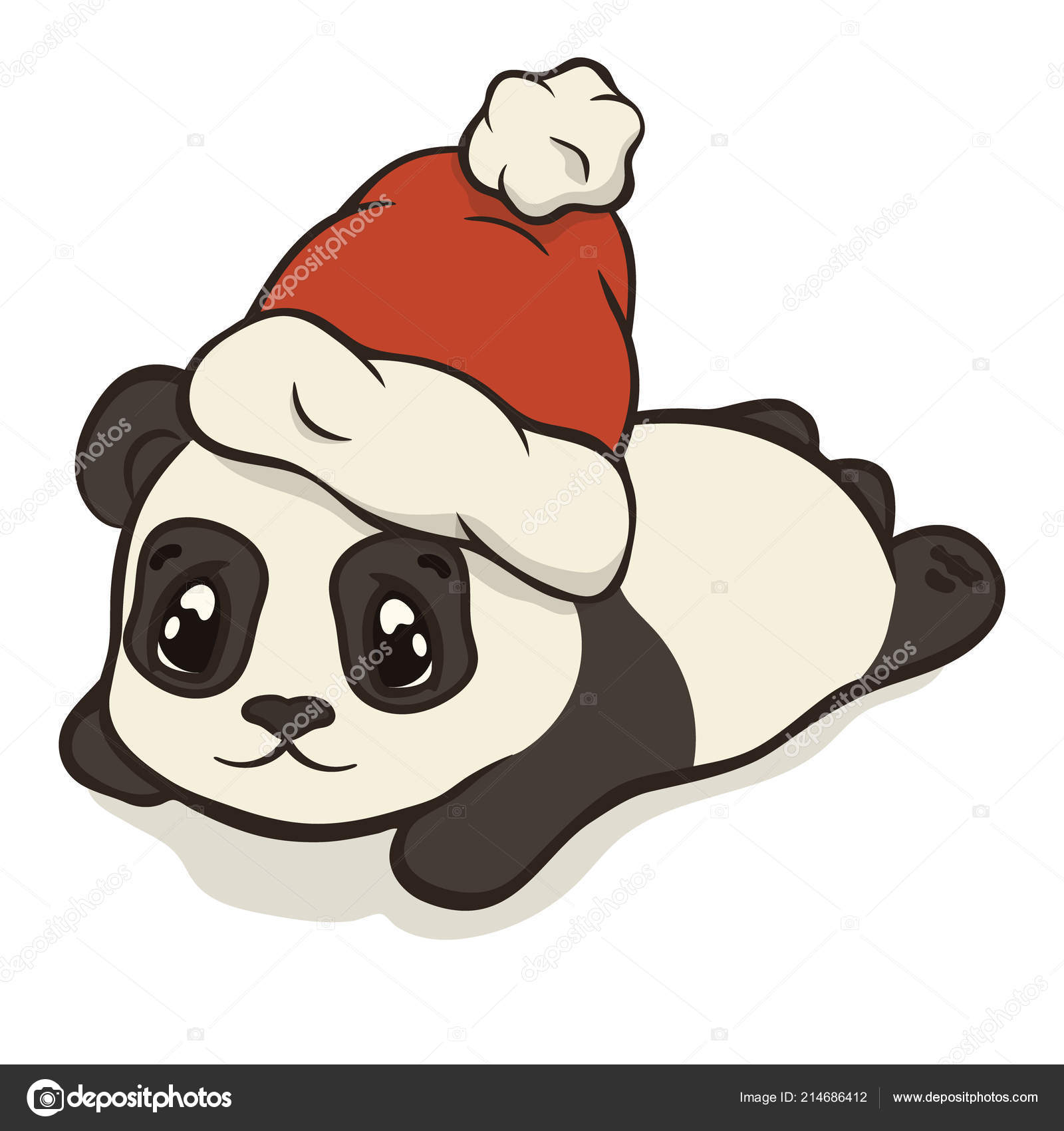 Cute Christmas Cartoon Panda Bear Character Santa Hat Pompon Vector ...