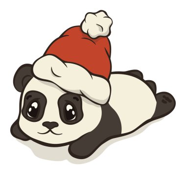 Sevimli Noel çizgi film ayı panda karakteri üzerinde beyaz izole ponpon vektör görüntü ile Noel Baba'nın şapkalı. Komik bearcat çocuk Xmas tasarım. Neşeli Noel ve mutlu yeni yıl tebrik kartı görüntü.