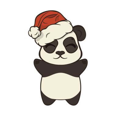 Sevimli Noel çizgi film ayı panda karakteri üzerinde beyaz izole ponpon vektör görüntü ile Noel Baba'nın şapkalı. Komik bearcat çocuk Xmas tasarım. Neşeli Noel ve mutlu yeni yıl tebrik kartı görüntü.