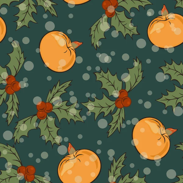 オレンジとヒイラギの果実 暗闇に分離されたヤドリギ ベクトル シームレス パターンの形のキャンドルします タンジェリン クリスマス気分のシンボル 伝統的なスタイル 繰り返されるでメリー クリスマスと新年あけましておめでとうございますデザイン — ストックベクタ