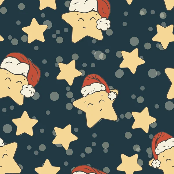 赤いサンタさんの帽子の漫画のキャラクターの星を含む子供のためのクリスマスのシームレスなパターン 暗い上に分離パターンの繰り返し メリー クリスマスと新年あけましておめでとうございますデザイン面白いスタイル クリスマスの星と雪 — ストックベクタ