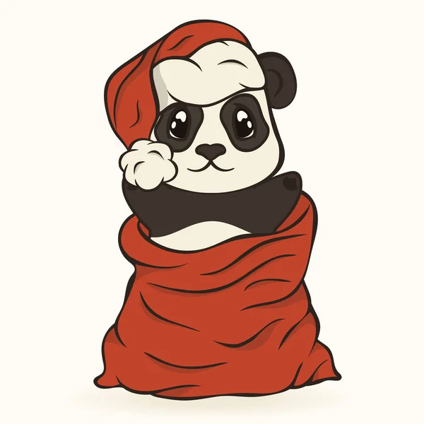 Lindo Panda Sombrero Santa Bolsa Roja Con Regalos Imagen Vectorial — Vector de stock