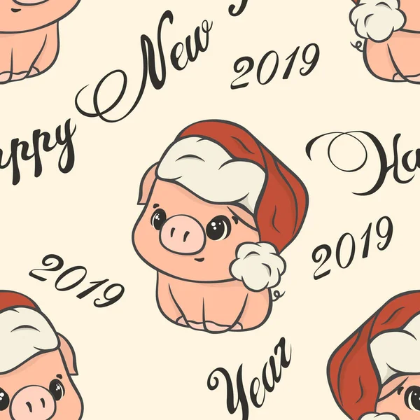 分離された赤いサンタさんの帽子の漫画のキャラクターのかわいい豚とシームレスなパターンをベクトル メリー クリスマスと新年あけましておめでとうございますデザイン面白いスタイル クリスマス シンボル印刷が繰り返されます 2019 年の中国の記号 — ストックベクタ