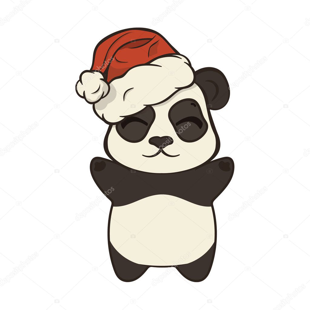 Cute Christmas cartoon panda bear character in Santa's hat with pompon vector image isolated on white. Funny bearcat Children's Xmas design. Merry Christmas and Happy New Year Greeting card image.