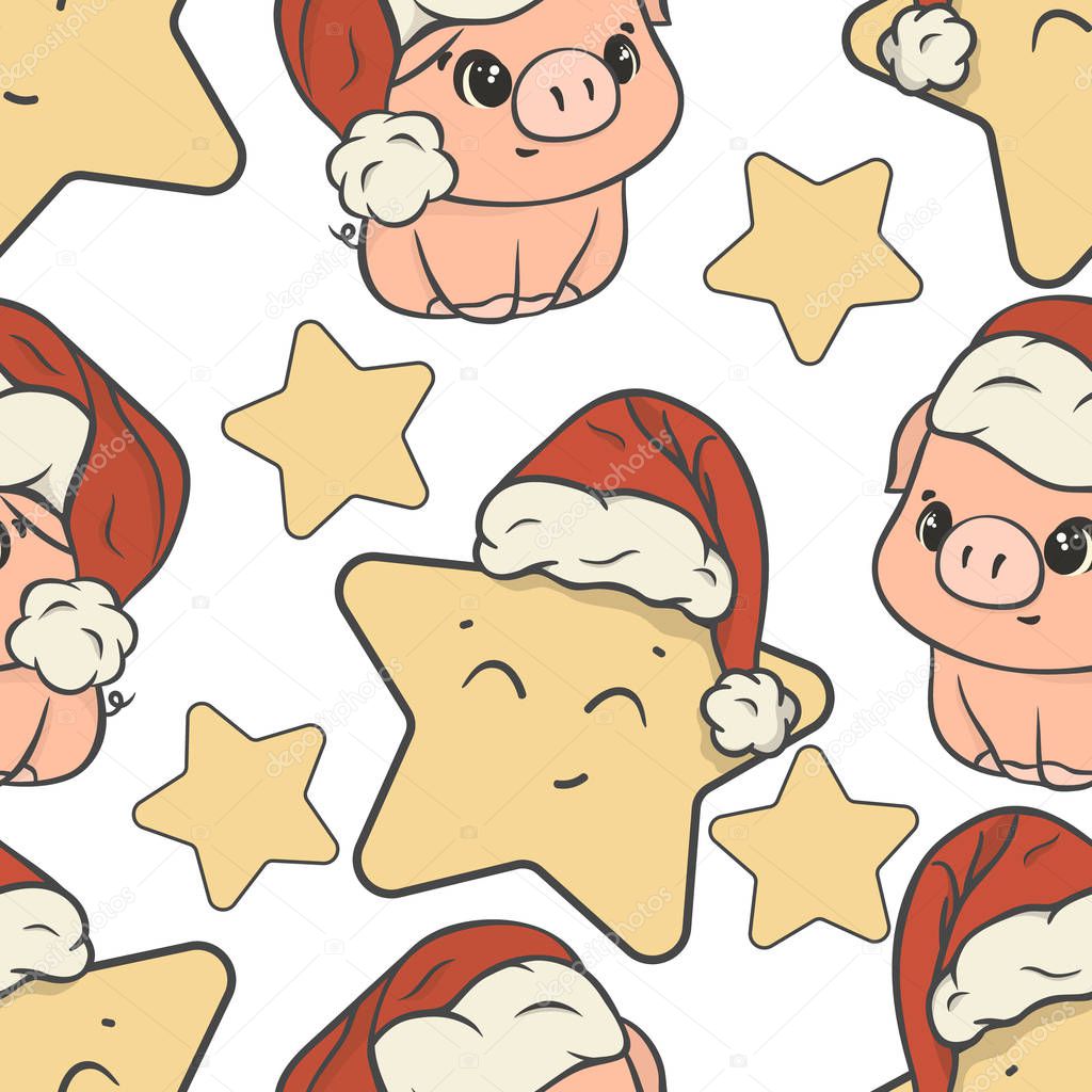 Vector seamless pattern with cute pig and star in red Santa's hat cartoon character isolated on white. Merry Christmas and Happy New Year design in funny style. Xmas symbol print 2019 repeated pattern