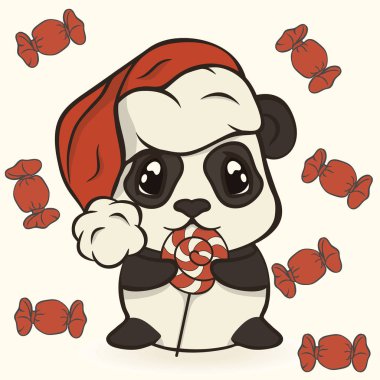 Sevimli Noel panda ayısı ponpon ile Noel Baba'nın kırmızı şapkalı şeker çizgili lolipop sopa yemek. Hayatım mutlu pandayla. Bearcat Noel ruh halinde. Noel kartı görüntü. Mutlu Noeller ve mutlu yeni yıl.