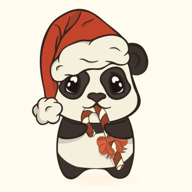 Sevimli Noel panda ayısı ponpon ile Noel Baba'nın kırmızı şapkalı şeker çizgili lolipop sopa yemek. Şeker kamışı mutlu pandayla. Bearcat Noel ruh halinde. Noel kartı görüntü. Mutlu Noeller ve mutlu yeni yıl.