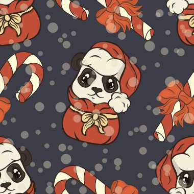Noel Baba'nın kırmızı çanta çizgi film karakteri ve şeker kamışı, Noel şeker lolipop ayı panda ile Seamless modeli sopa çizgili. Mutlu Noeller ve mutlu yeni yıl için yinelenen desen. Xmas ruh hali.