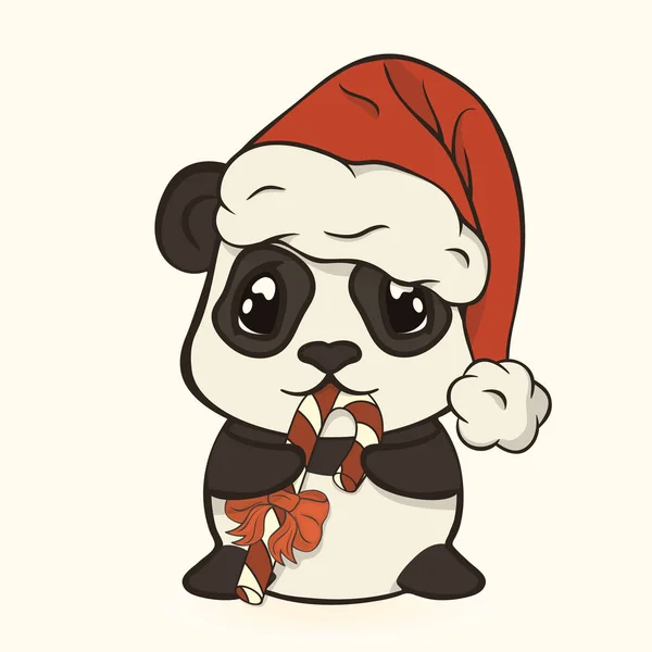 Милый Рождественский Панда Медведь Шляпе Красного Санты Помпоном Едят Сахарный — стоковый вектор