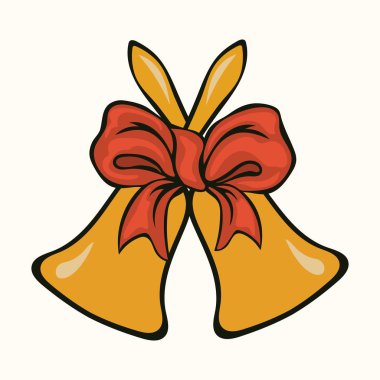 Okul zilleri, Noel el çan kırmızı yay vektör resmi en az tasarım izole. Neşeli Noel ve mutlu yeni yıl tasarım, geleneksel tarzda. Kırmızı kurdele ile altın Noel çanları. Jingle bells