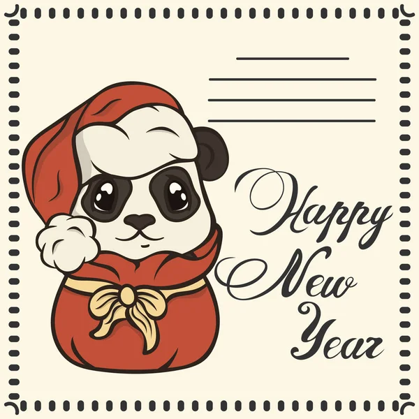 圣诞明信片与可爱的熊猫在圣诞老人的帽子在红色袋与礼物和祝贺新年快乐 卡通强健从圣诞老人的麻袋里出来 儿童圣诞设计 明信片 — 图库矢量图片