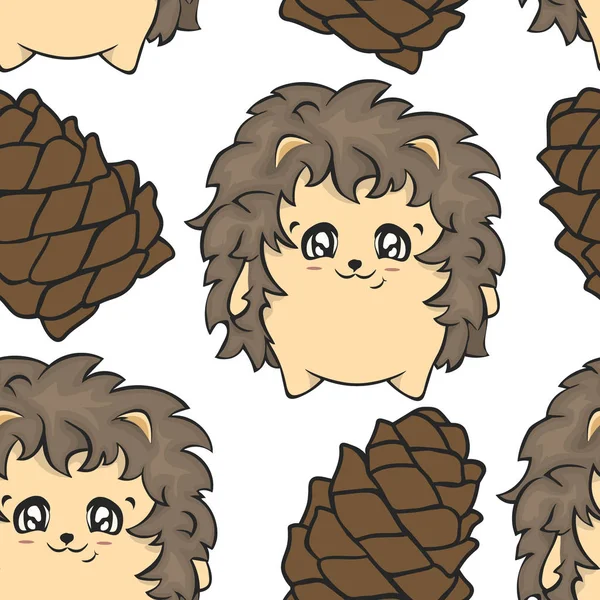 Seamless pattern with hedgehog and cone. Cartoon cute hedgehog vector repeated pattern for children. Small hedgehog for baby card and invitation. Happy forest animal clipart. Hedgehog stickers, print.