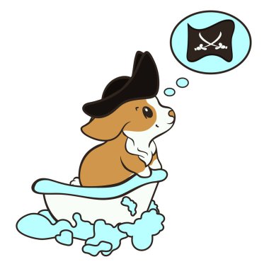 Welsh Corgi köpek doğurmak vektör illüstrasyon. Köpek yavrusu bir kabarcık banyo alarak ve korsan hayal. Korsan şapka karikatür sevimli Corgi köpek. Kaptan kostüm komik küçük korsan.