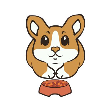 Welsh Corgi köpek doğurmak vektör illüstrasyon. Sevimli köpek yavrusu bir kase önce oturur, karikatür simgesi. Kabarık Corgi Pembroke. Evcil hayvan dükkanı, Hayvanat Bahçesi reklamları, hayvan gıda paketi için basit amblem. Yem ile köpek, beslenme.