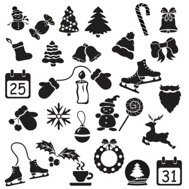 En az çizgi stili simgesi ile büyük vektör seti. Kış ve noel sembolleri şablonu ile simgeler kümesi. Noel öğeleri, Noel tatilinin geleneksel bileşenleri. web simgesi. Baskı için amblem