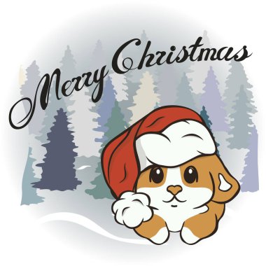 Noel Baba kostüm vektör görüntü Galler Corgi. Kırmızı şapkalı, kışlık kıyafetlergiyen köpek. Noel karikatür corgi köpek. Mutlu Noeller Happy New Year tasarım. Corgi Santas şapka.