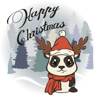 Noel Baba şapkası ve boynuzları vektör görüntü ile eşarp Noel karikatür panda karakteri. Eğlenceli panda ile Mutlu Noeller tebrik kartı. Bir karikatür panda ile komik kış kartı. Yeni yıl afişi.
